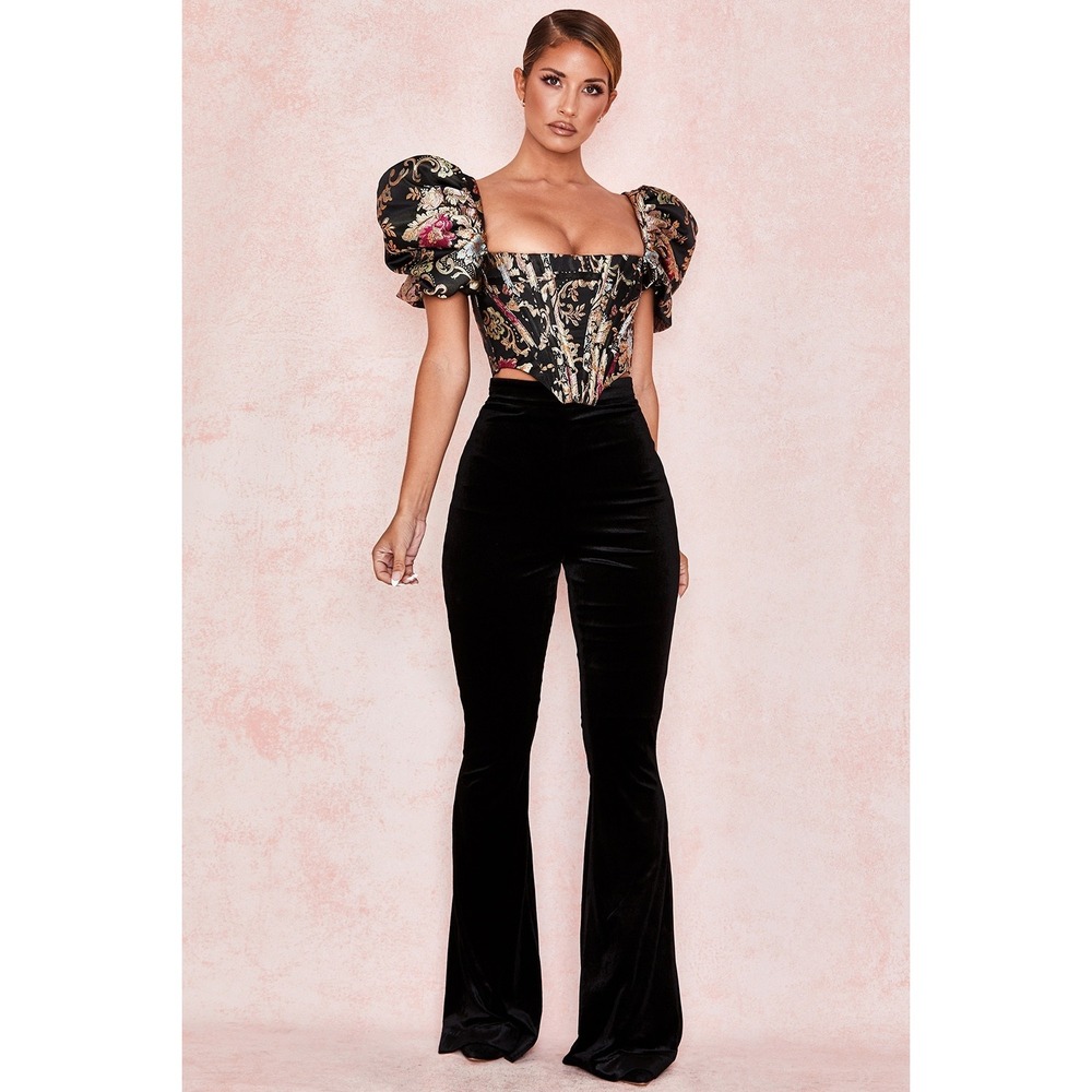 HOUSE OF CB Rihanna Velvet Pants Women Large Plus Black Velvet Flare High Rise